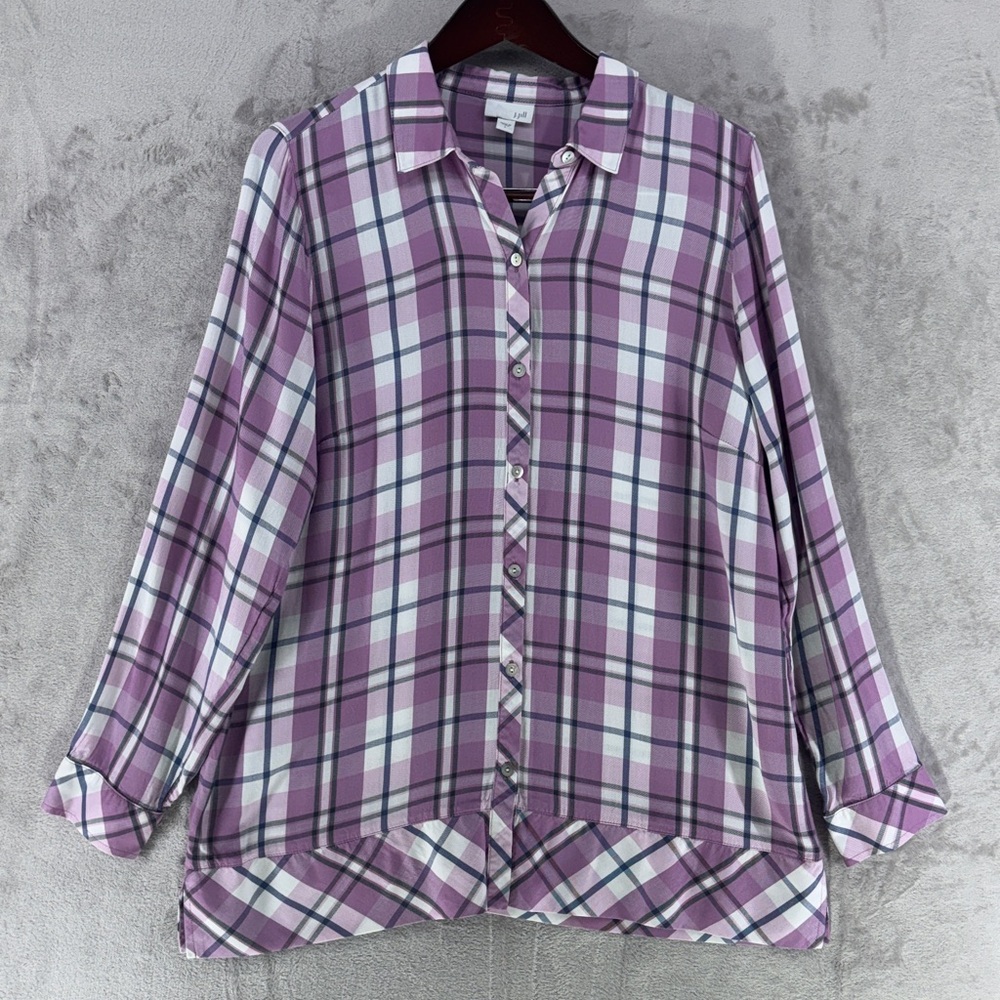 J. Jill Lavender and White Checkered Button Down Long Sleeve Shirt Viscose Sz L
